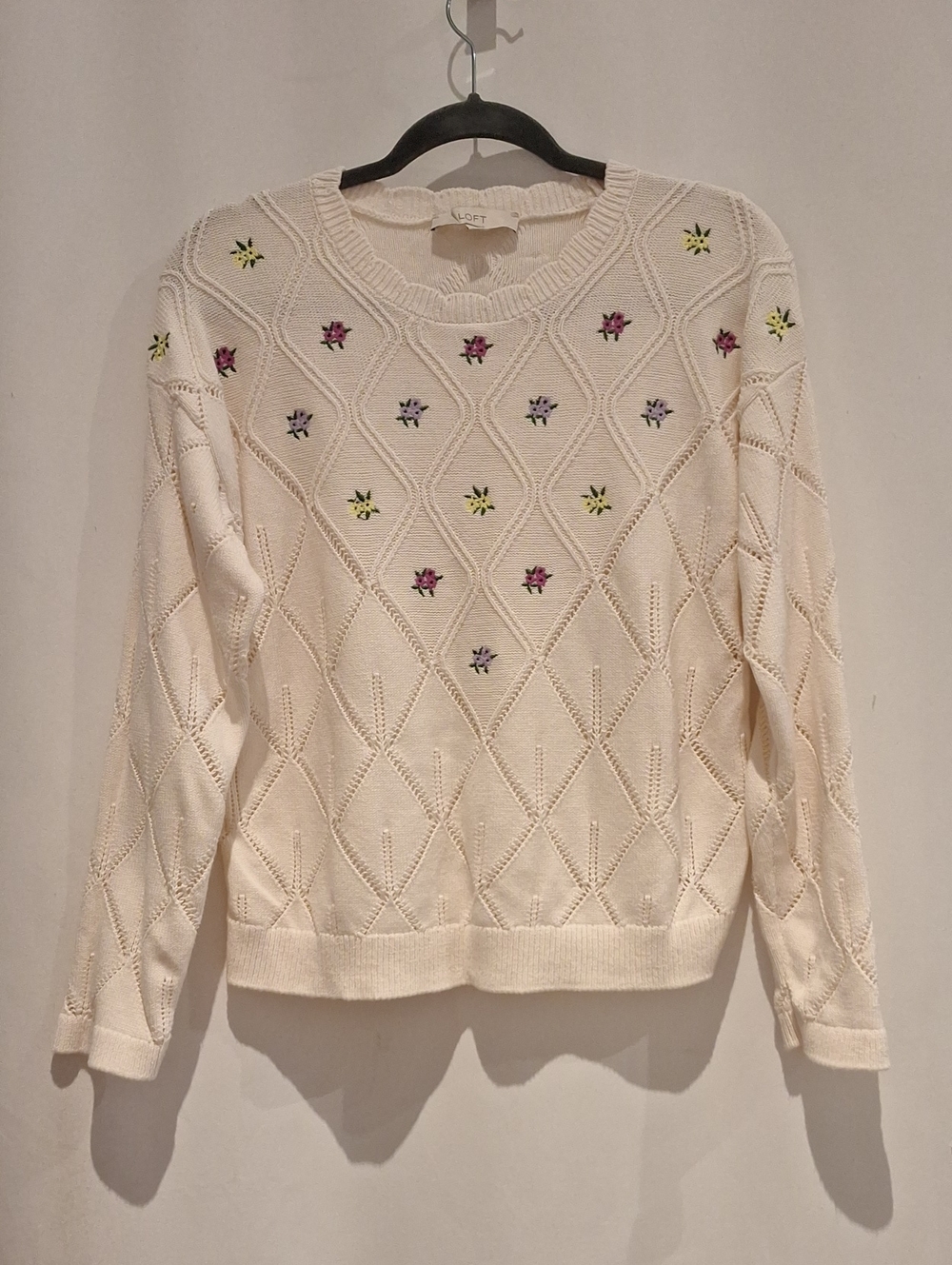 LOFT Cream Embroidered Floral Cable Knit Sweater